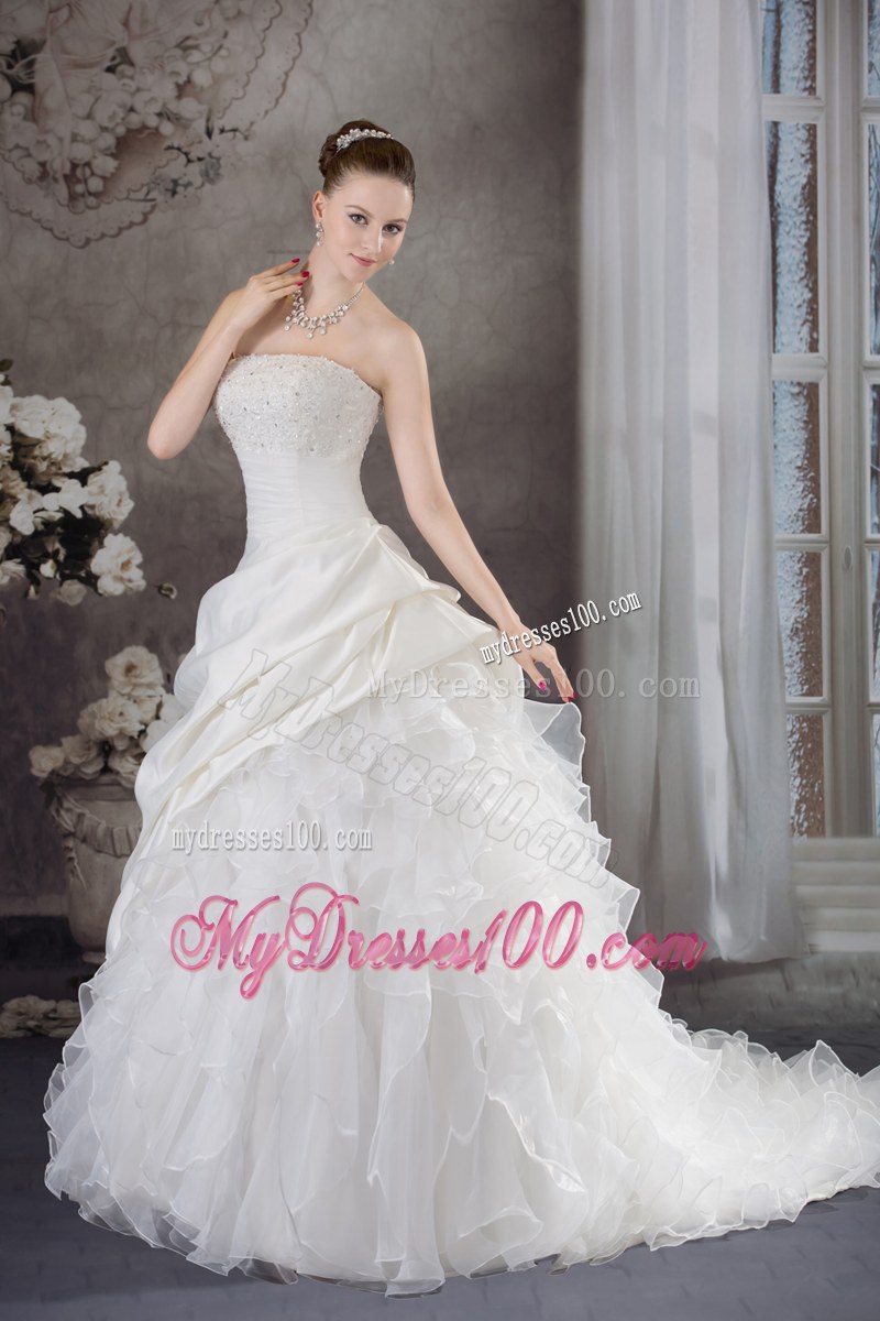 Pick-ups Diamonds and Ruffled Layers Decorated Wedding Gown with Brush Train