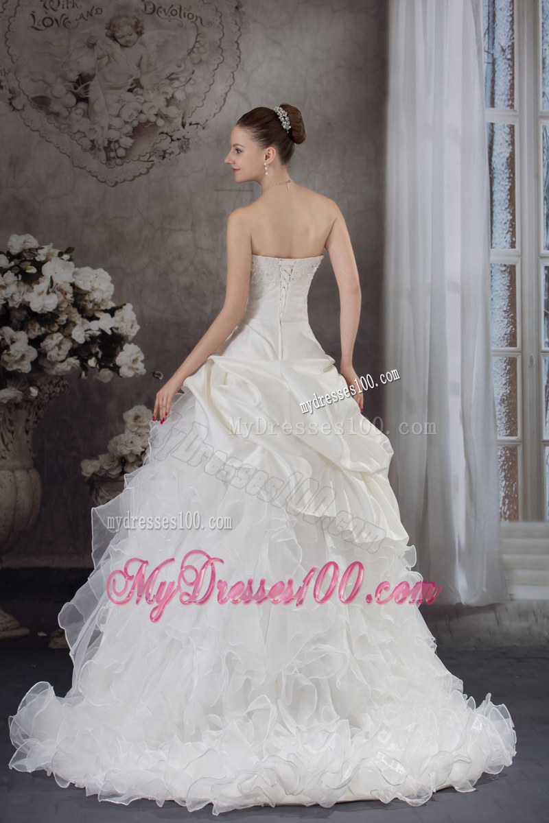 Pick-ups Diamonds and Ruffled Layers Decorated Wedding Gown with Brush Train