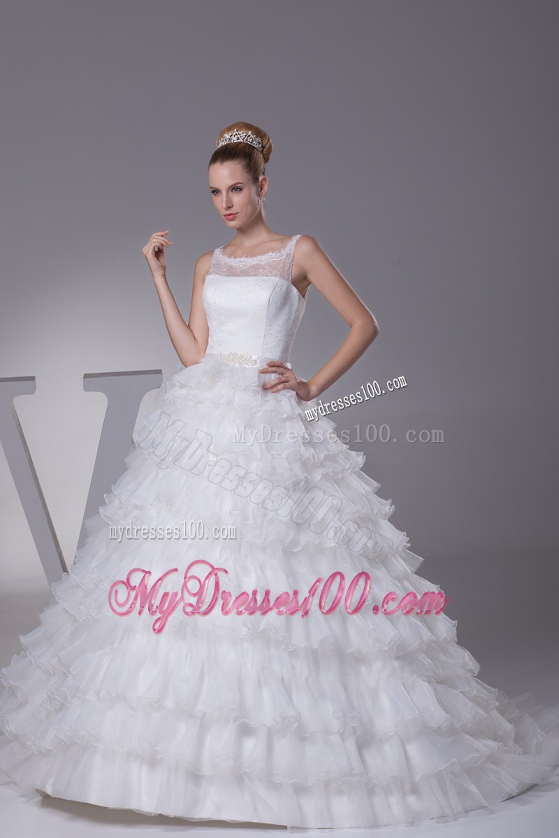 Ruffled Layers Wedding Bridal Gown with Sheer Neckline and Appliques Ribbon