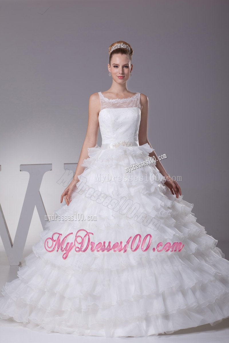 Ruffled Layers Wedding Bridal Gown with Sheer Neckline and Appliques Ribbon