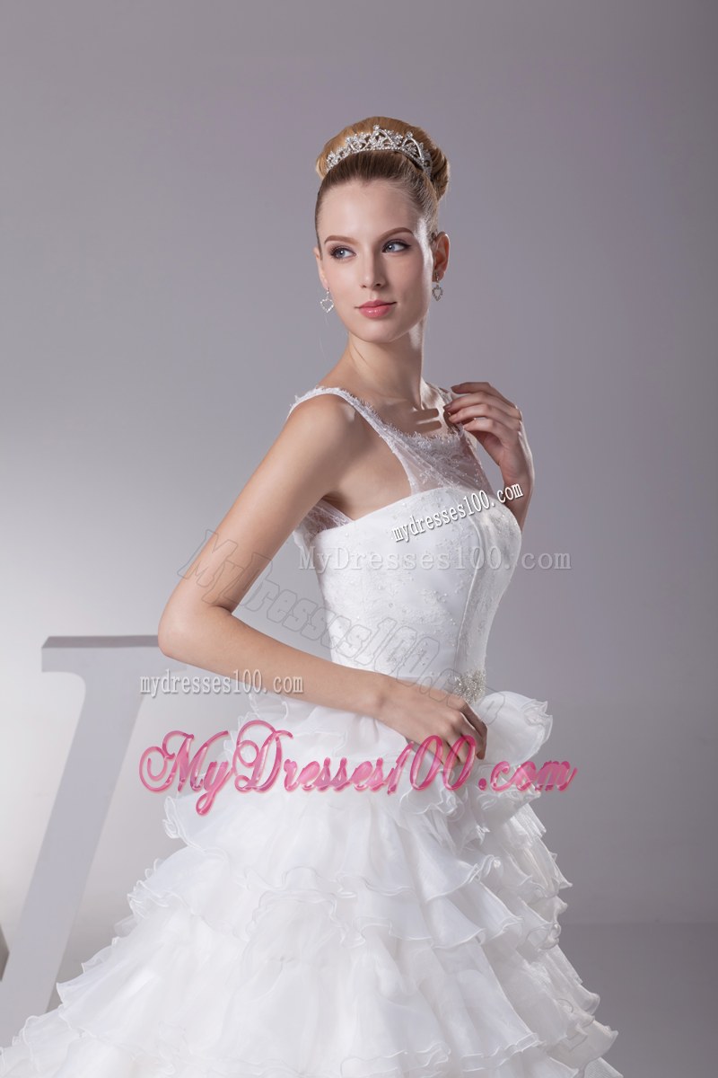 Ruffled Layers Wedding Bridal Gown with Sheer Neckline and Appliques Ribbon