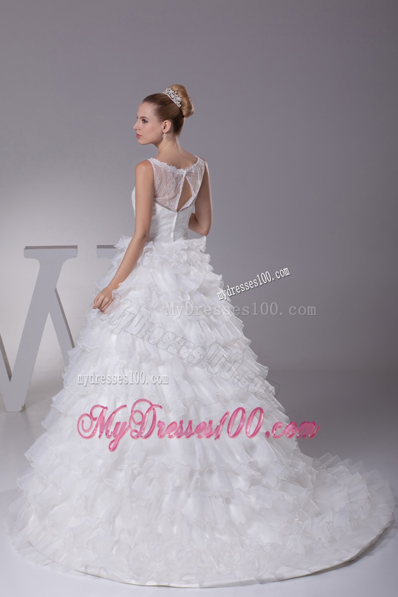 Ruffled Layers Wedding Bridal Gown with Sheer Neckline and Appliques Ribbon