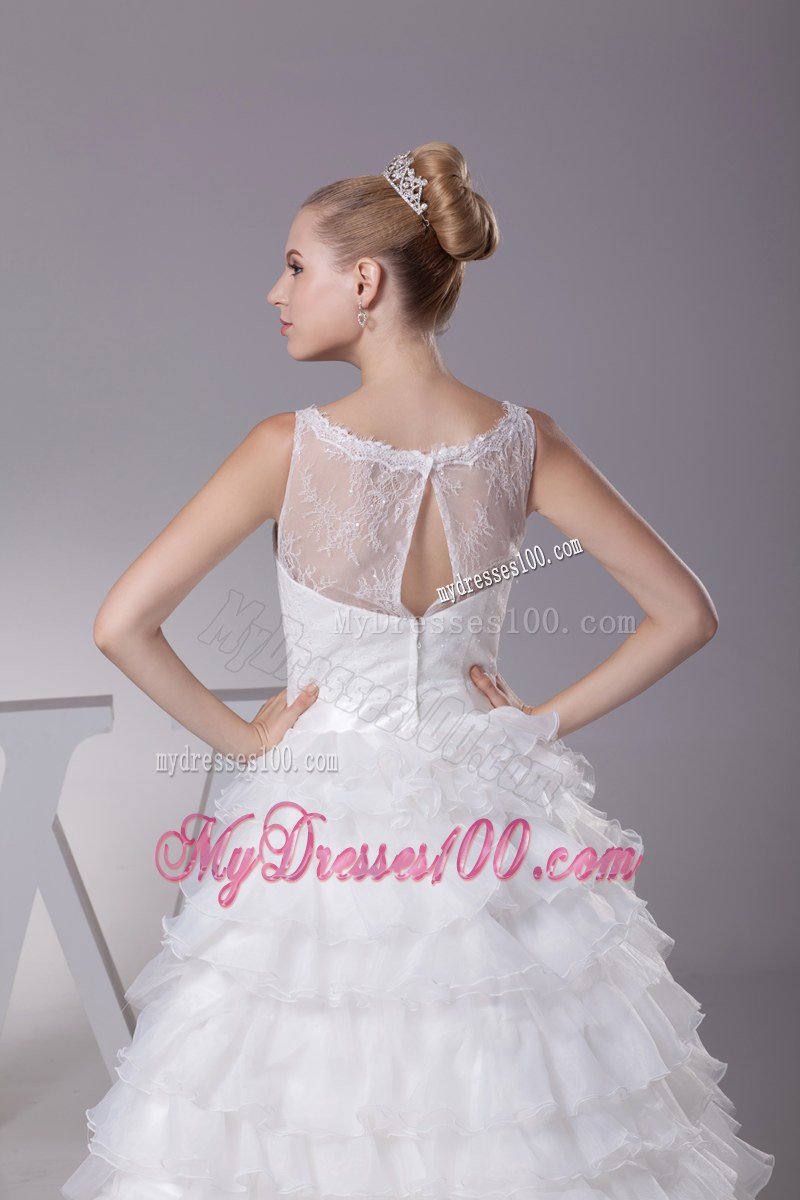 Ruffled Layers Wedding Bridal Gown with Sheer Neckline and Appliques Ribbon