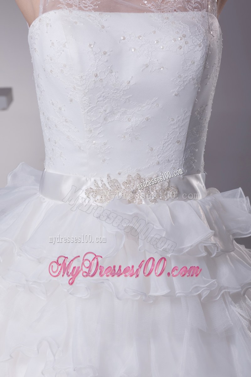 Ruffled Layers Wedding Bridal Gown with Sheer Neckline and Appliques Ribbon