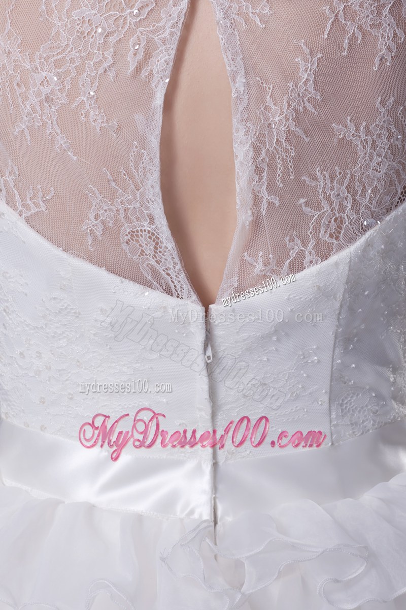 Ruffled Layers Wedding Bridal Gown with Sheer Neckline and Appliques Ribbon