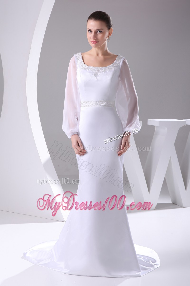 Sheer Long Sleeves Column Dress for Wedding with Shining Beadings Sash