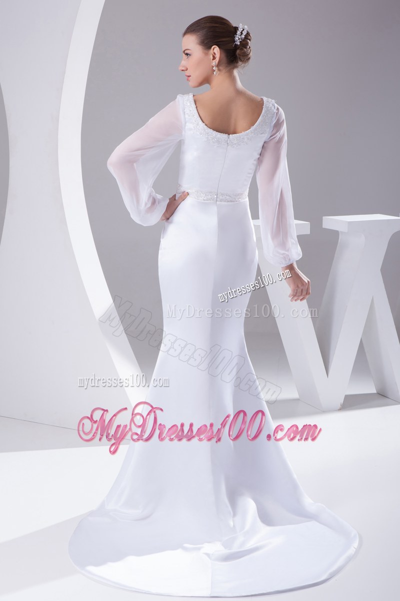 Sheer Long Sleeves Column Dress for Wedding with Shining Beadings Sash