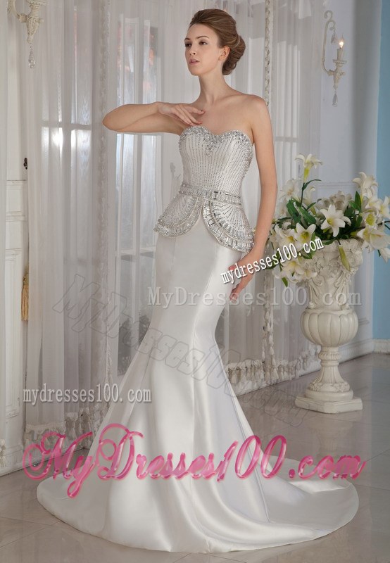 Exquisite Sweetheart Beading Mermaid Chapel Train White Bridal Dress