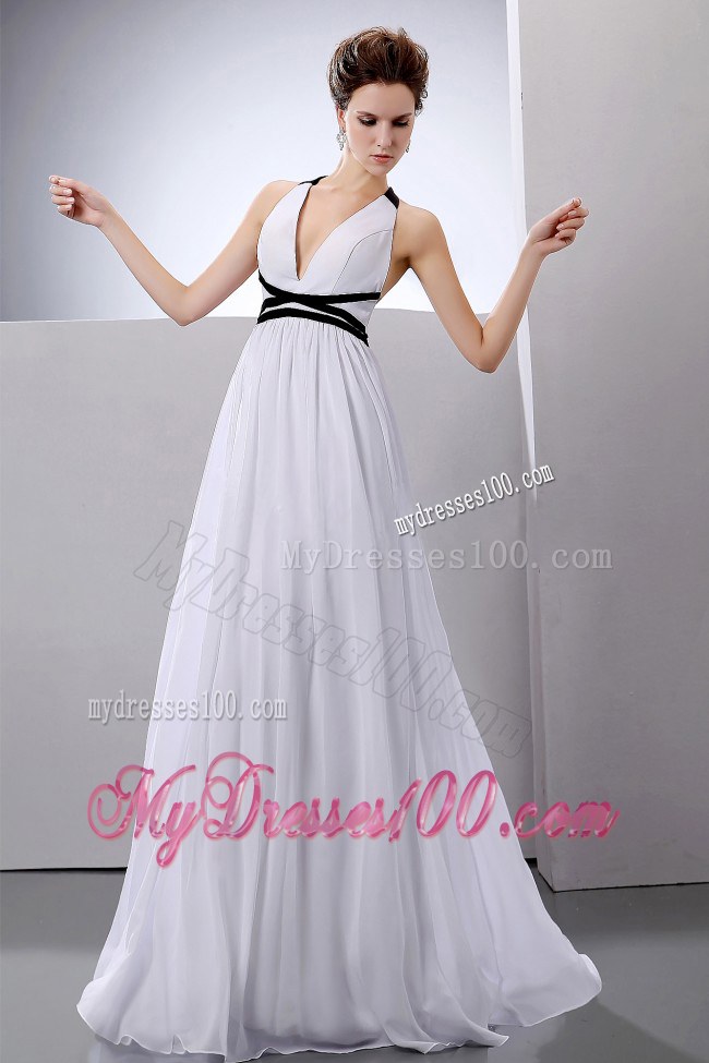 Floor-Length Halter and V-neck Back Out Wedding Dresses with Black Belt
