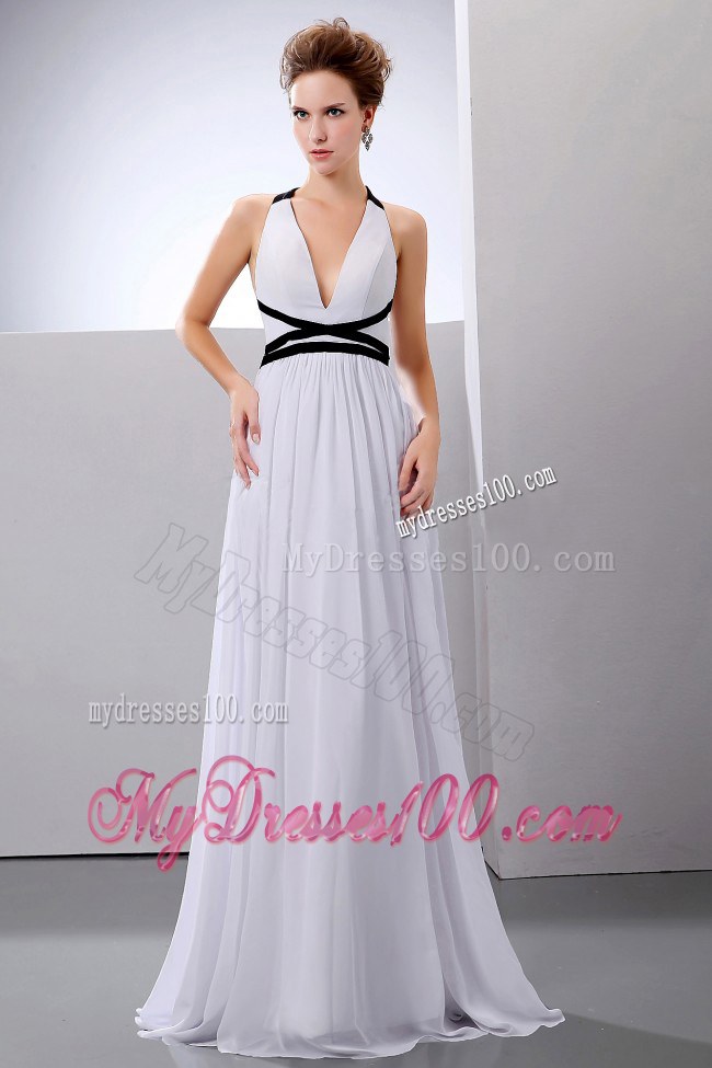 Floor-Length Halter and V-neck Back Out Wedding Dresses with Black Belt