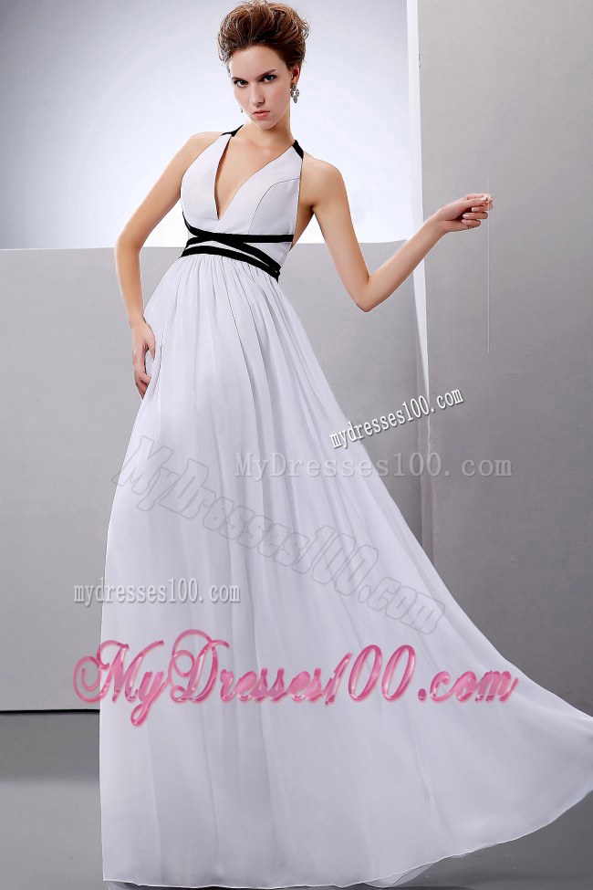 Floor-Length Halter and V-neck Back Out Wedding Dresses with Black Belt