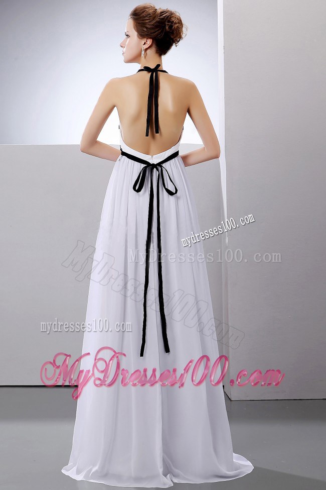 Floor-Length Halter and V-neck Back Out Wedding Dresses with Black Belt