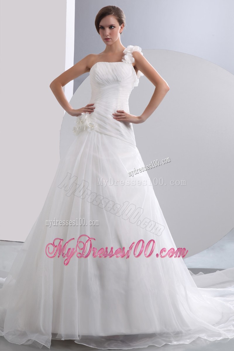 Hand Made Flowers Single One Shoulders Puffy Wedding Dresses with Court Train