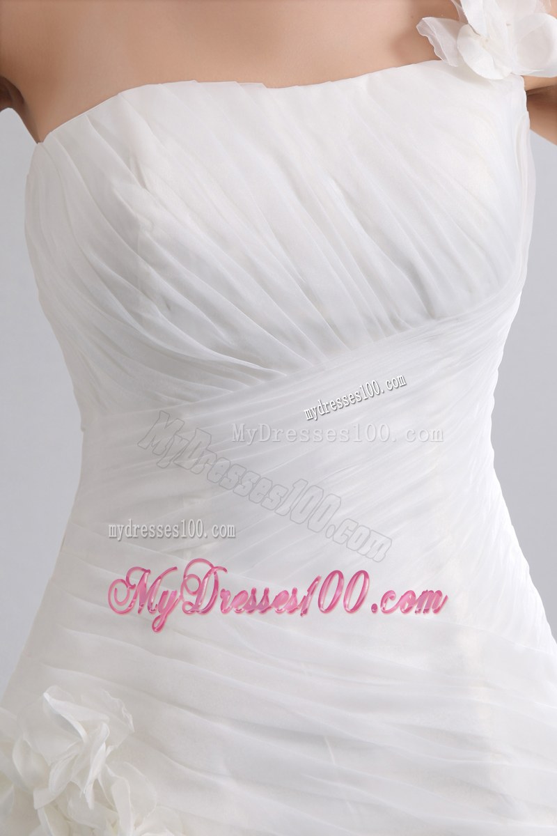 Hand Made Flowers Single One Shoulders Puffy Wedding Dresses with Court Train