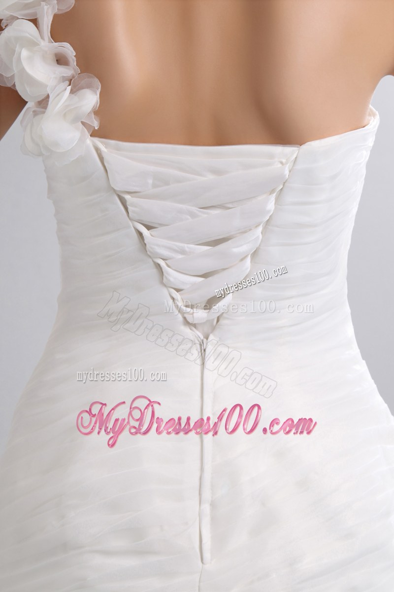 Hand Made Flowers Single One Shoulders Puffy Wedding Dresses with Court Train