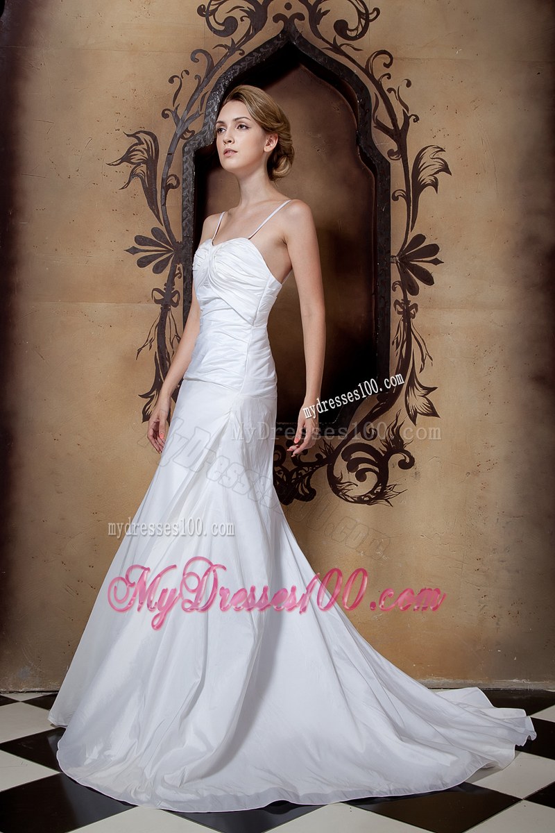 Adorable Spaghetti Straps Ruche White Wedding Dress Chapel Train
