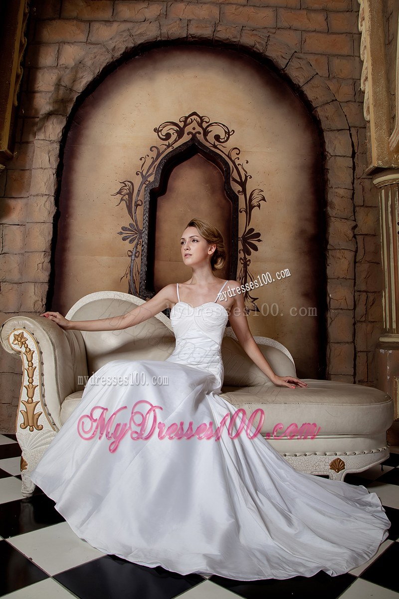 Adorable Spaghetti Straps Ruche White Wedding Dress Chapel Train