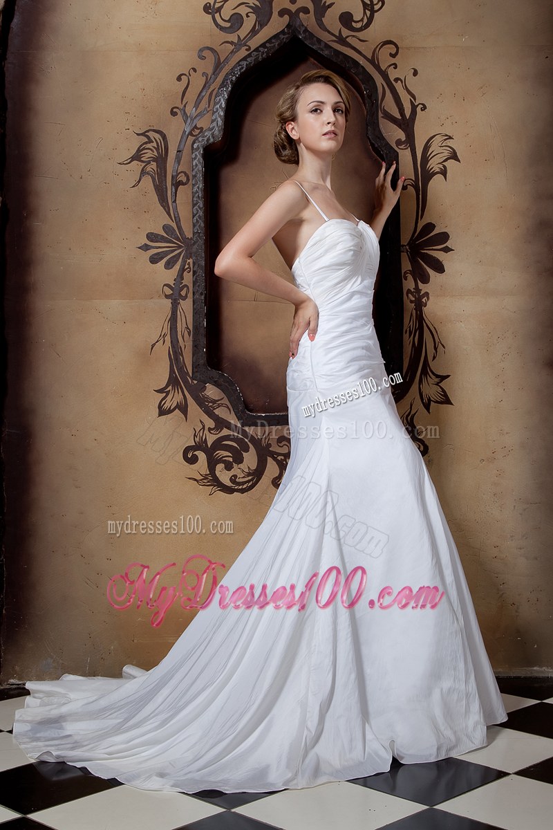 Adorable Spaghetti Straps Ruche White Wedding Dress Chapel Train