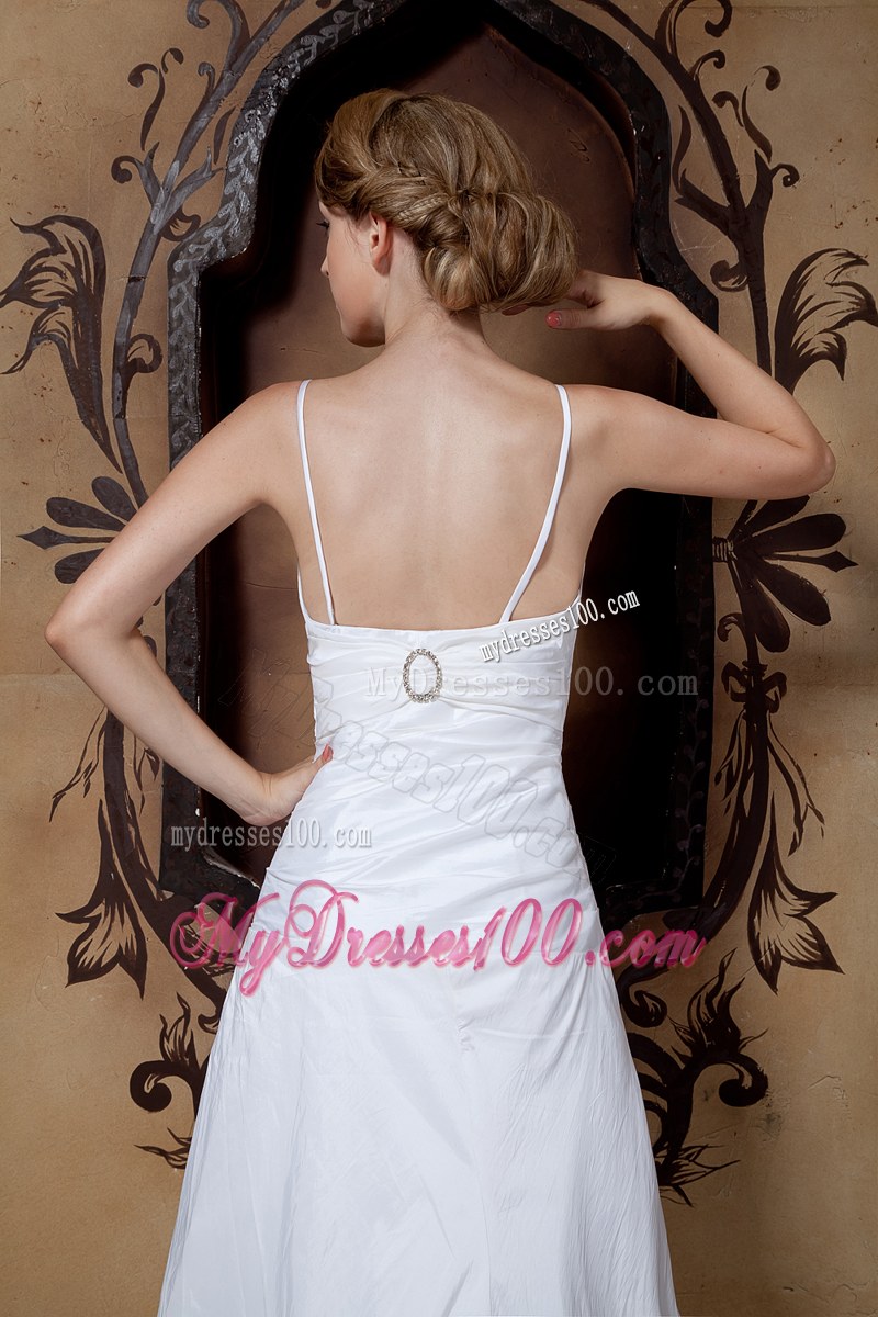 Adorable Spaghetti Straps Ruche White Wedding Dress Chapel Train