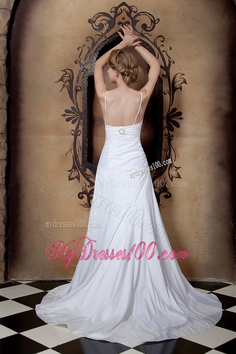 Adorable Spaghetti Straps Ruche White Wedding Dress Chapel Train