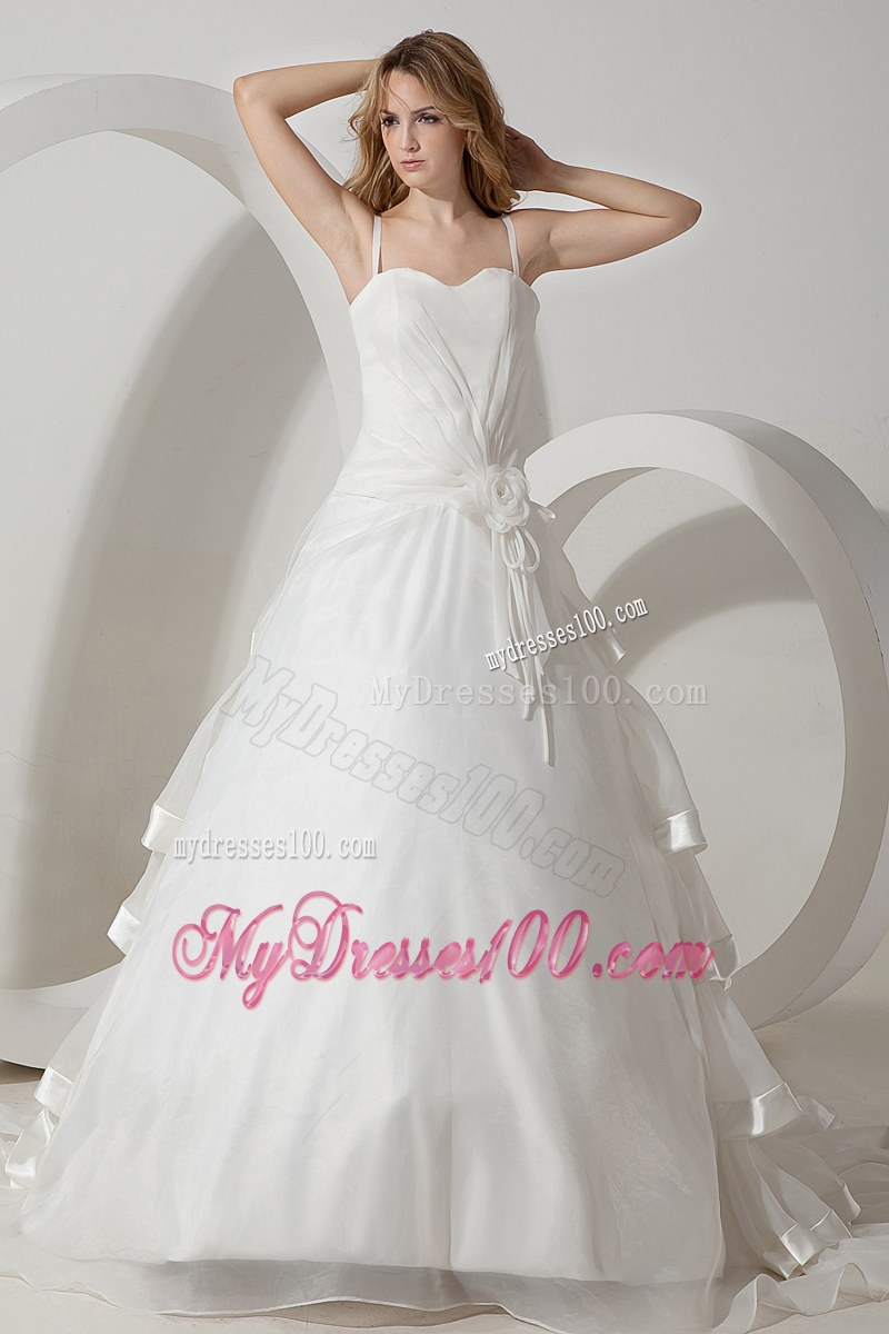 Handmade Flower Ruffle-layers Spaghetti Straps White Bridal Dress