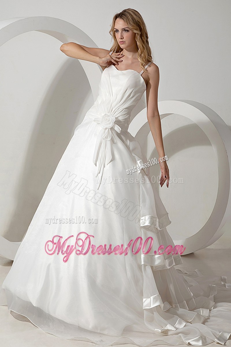 Handmade Flower Ruffle-layers Spaghetti Straps White Bridal Dress