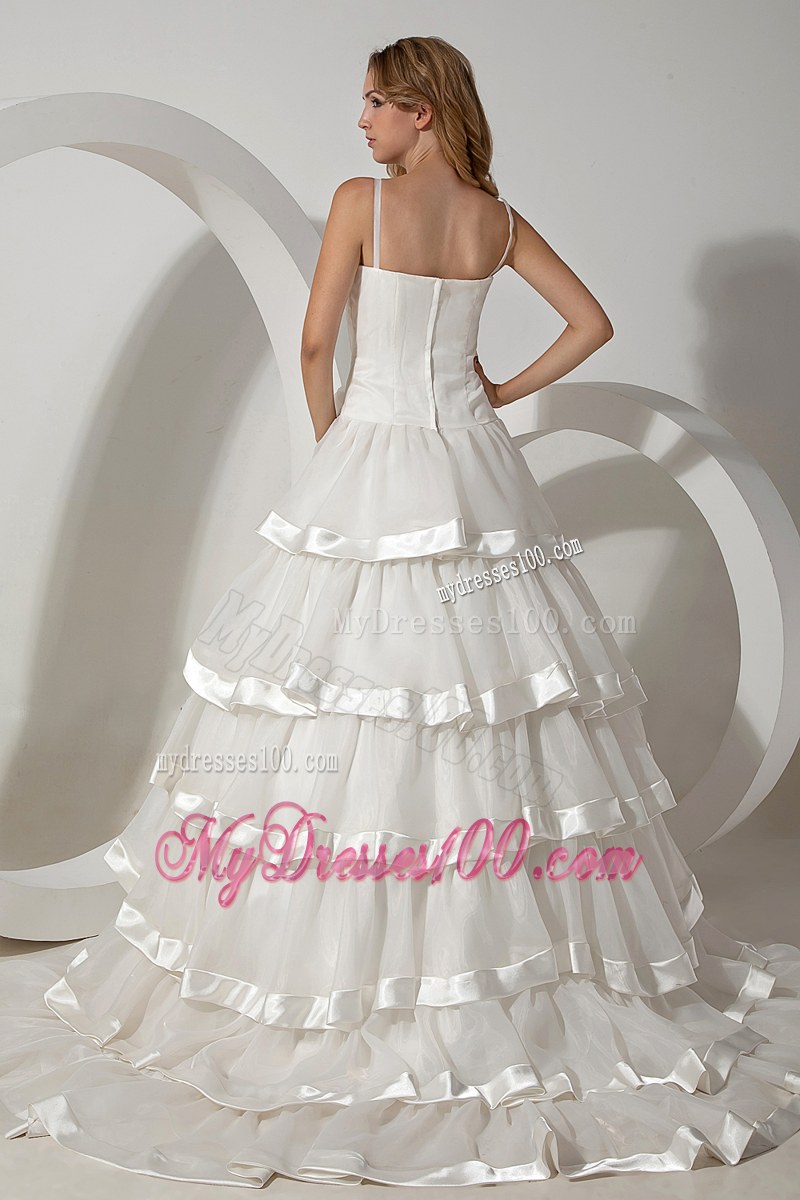 Handmade Flower Ruffle-layers Spaghetti Straps White Bridal Dress