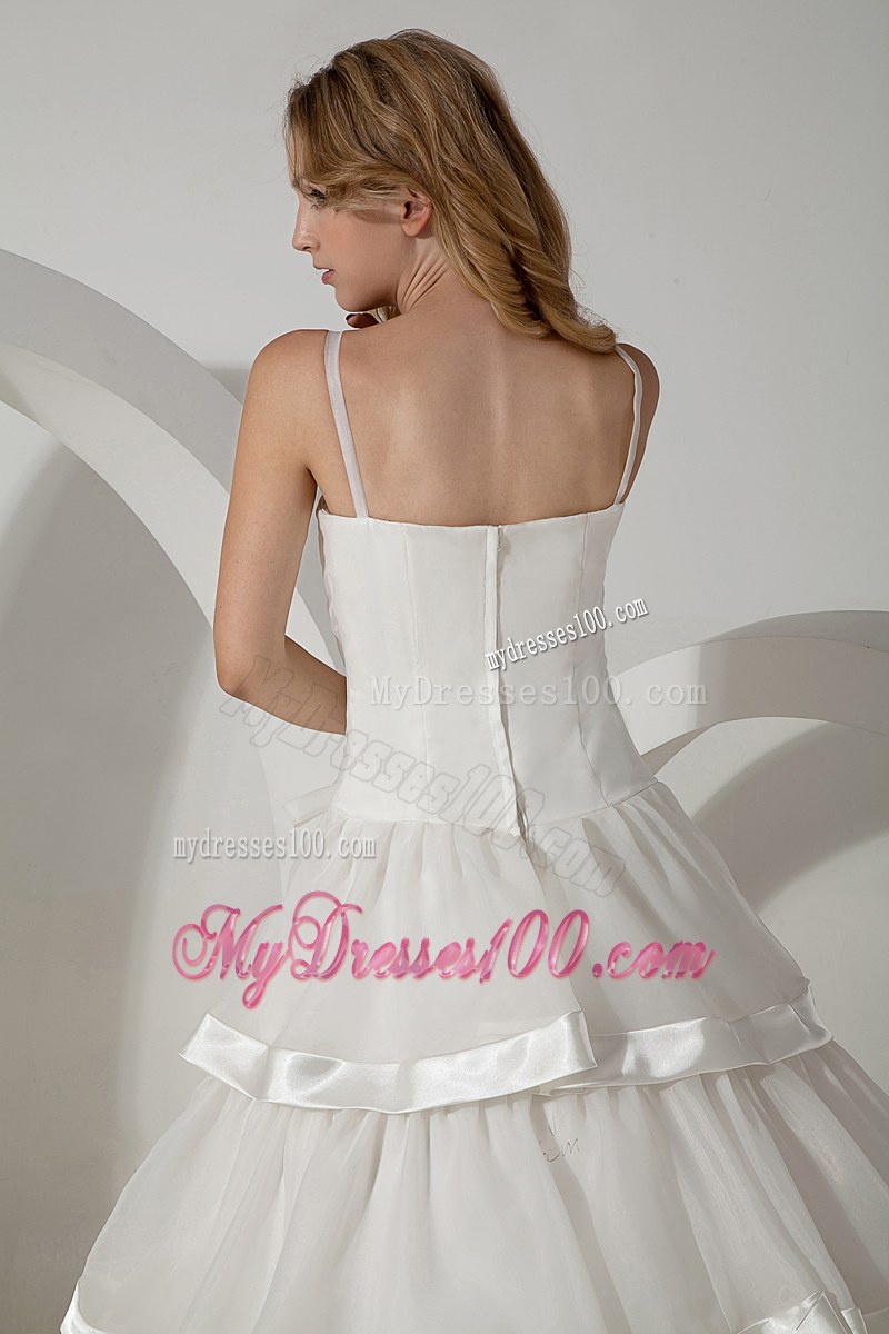Handmade Flower Ruffle-layers Spaghetti Straps White Bridal Dress