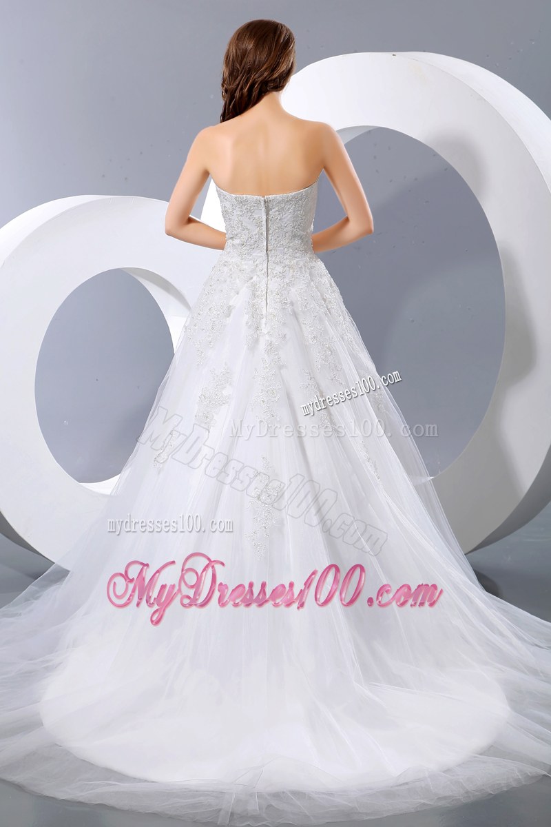 Diamonds and Floral Appliques Decorated Bridal Gowns with Brush Train