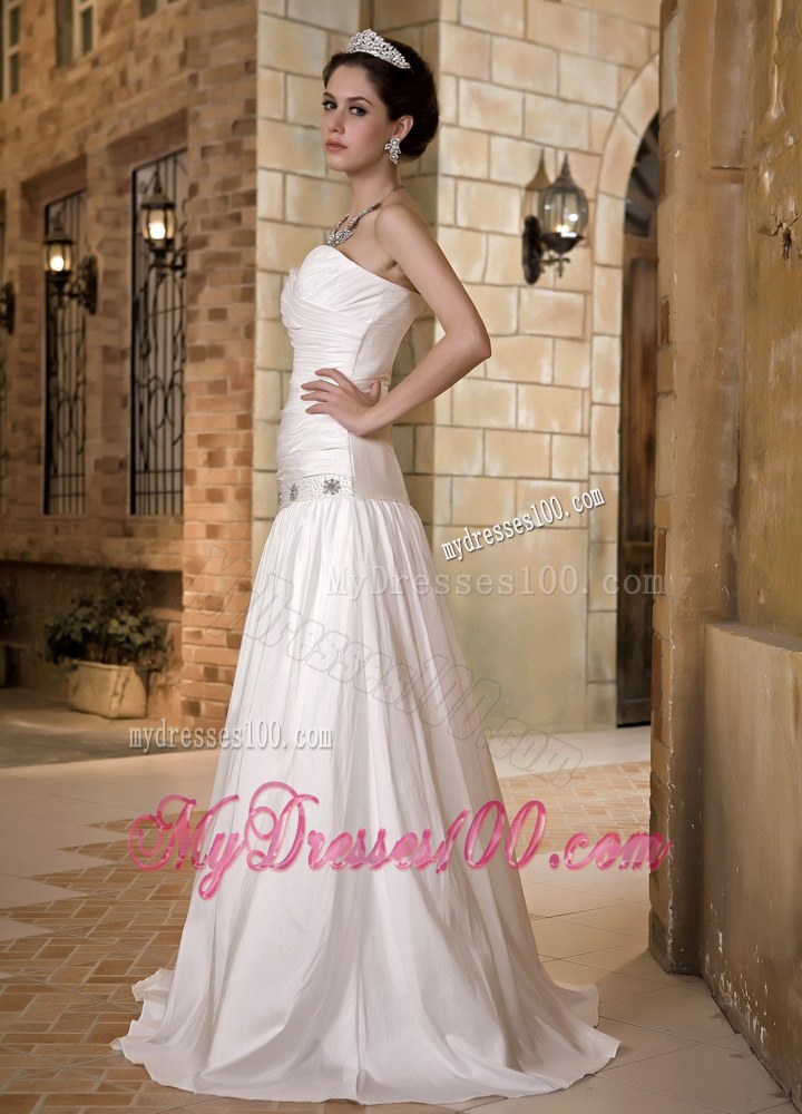 Simple Style Strapless White Bridal Dress Sweep Length with Ruche