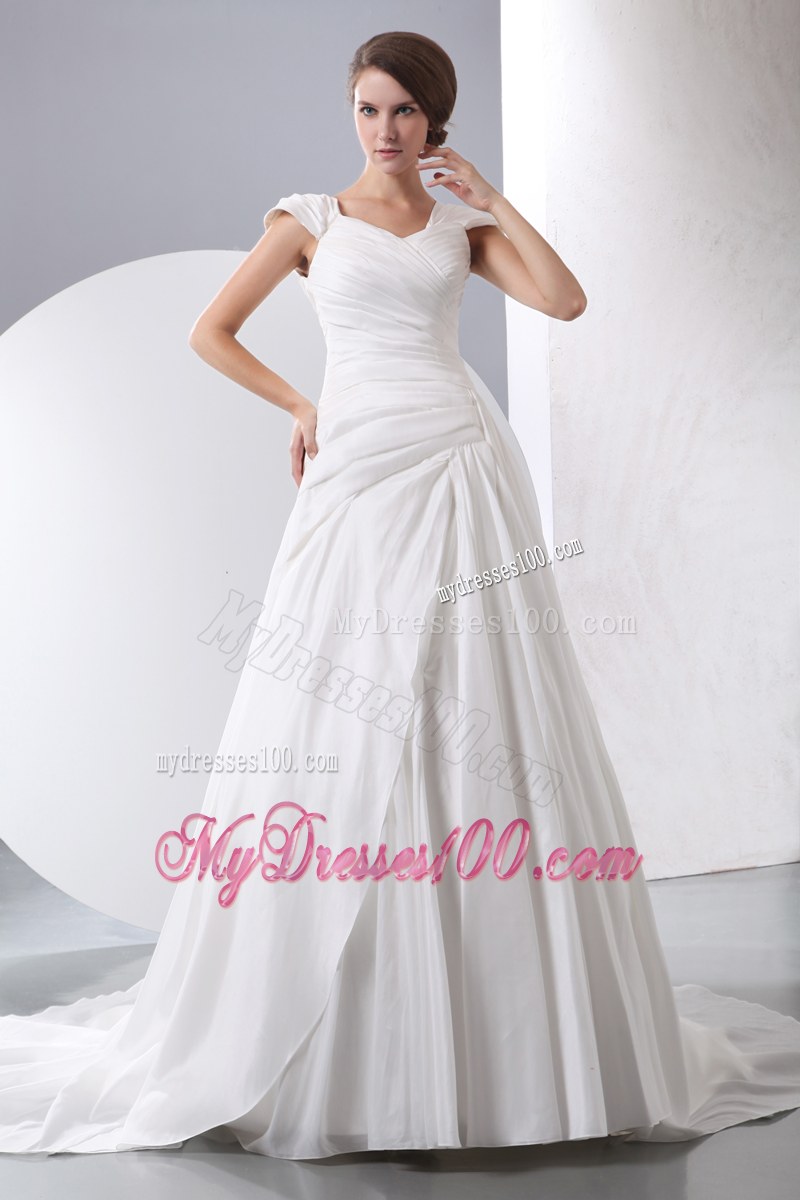 Zipper-up Back Wedding Gowns with Cap Sleeves and Court Train