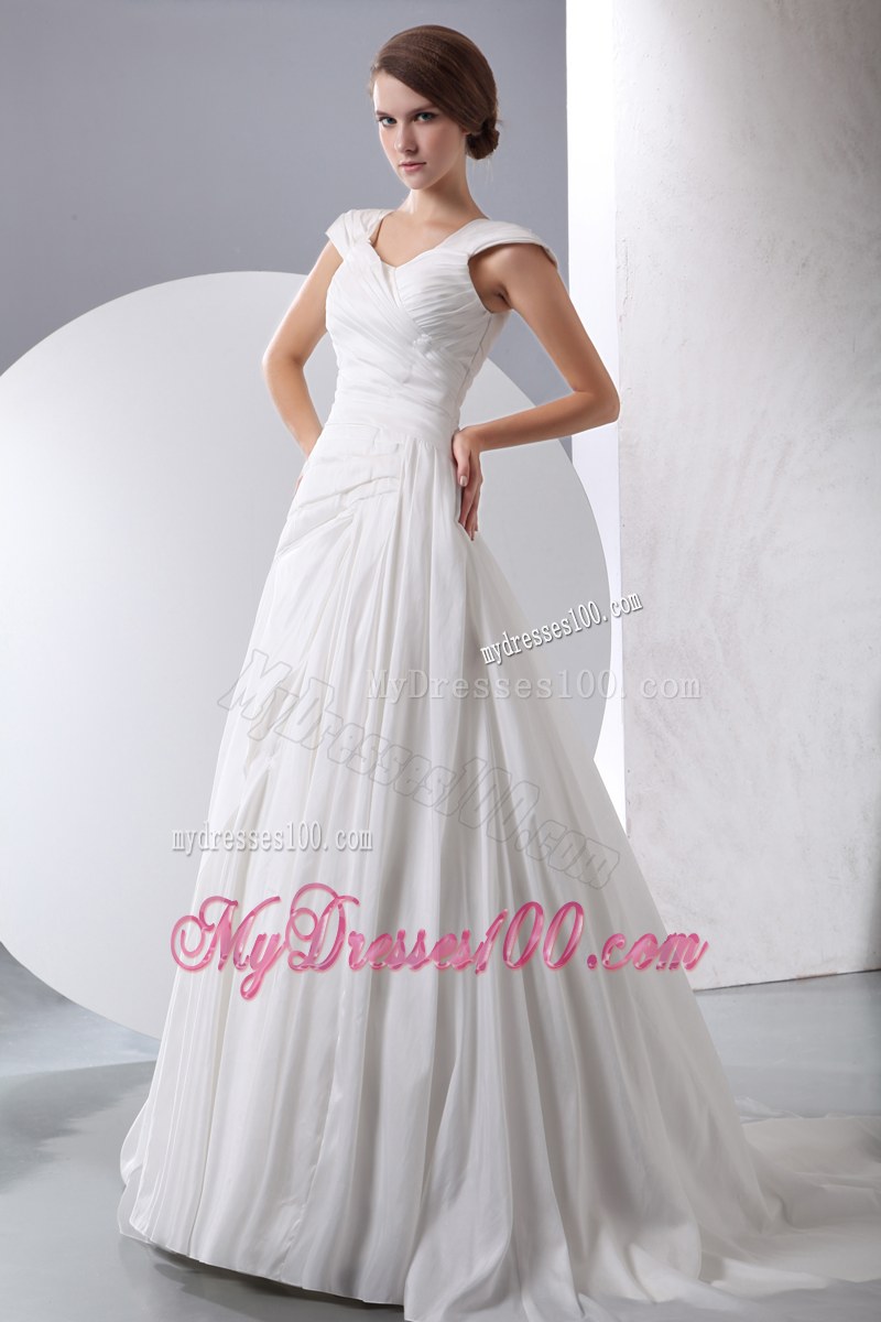 Zipper-up Back Wedding Gowns with Cap Sleeves and Court Train