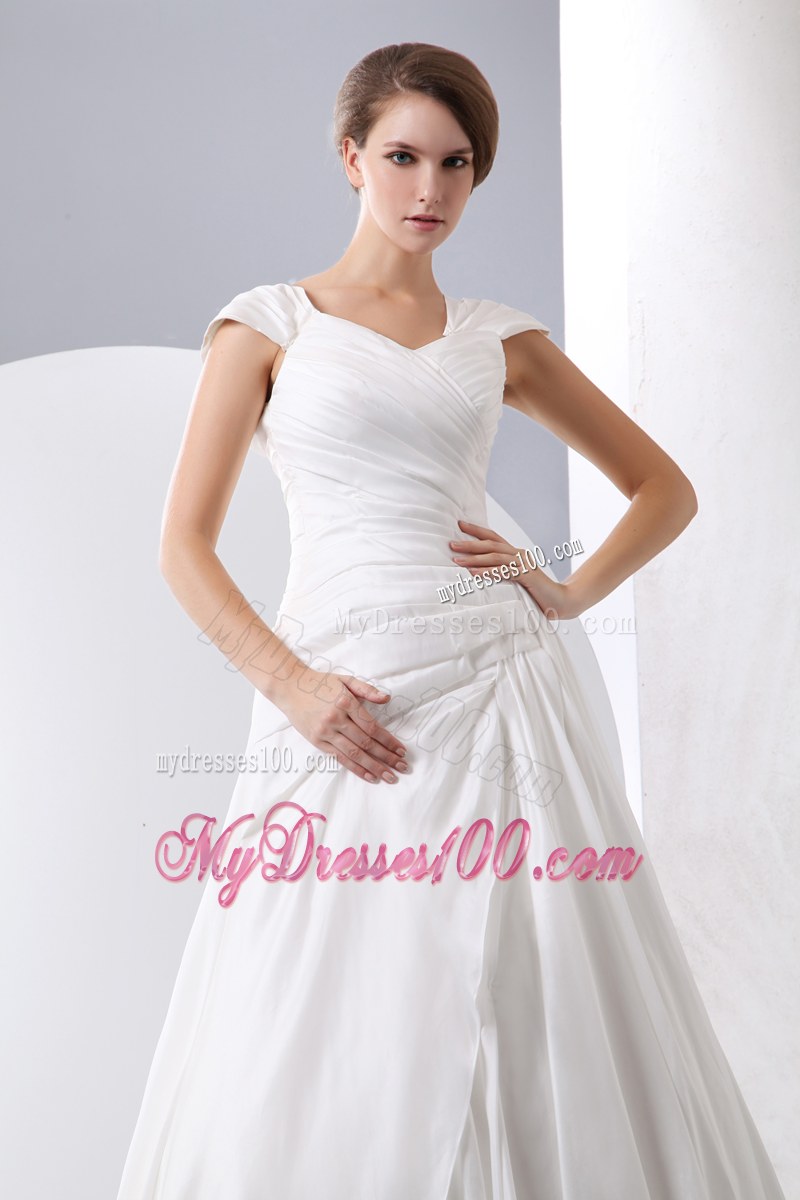 Zipper-up Back Wedding Gowns with Cap Sleeves and Court Train