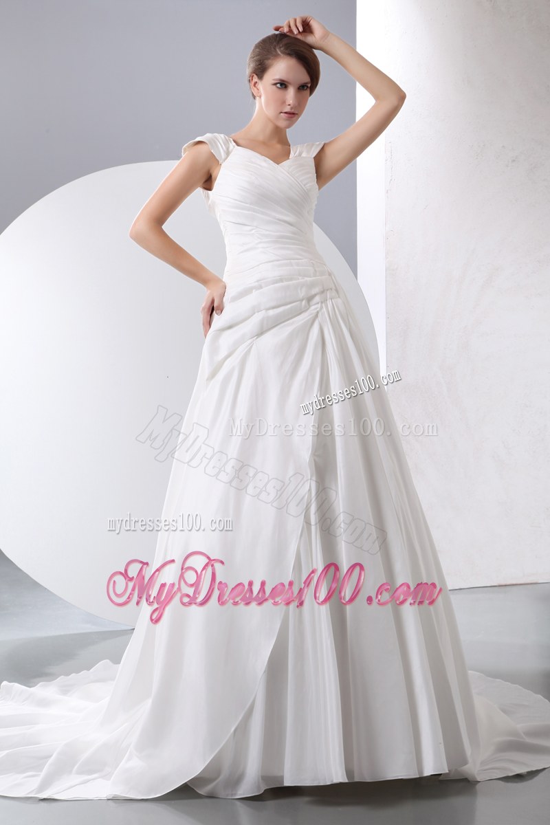 Zipper-up Back Wedding Gowns with Cap Sleeves and Court Train