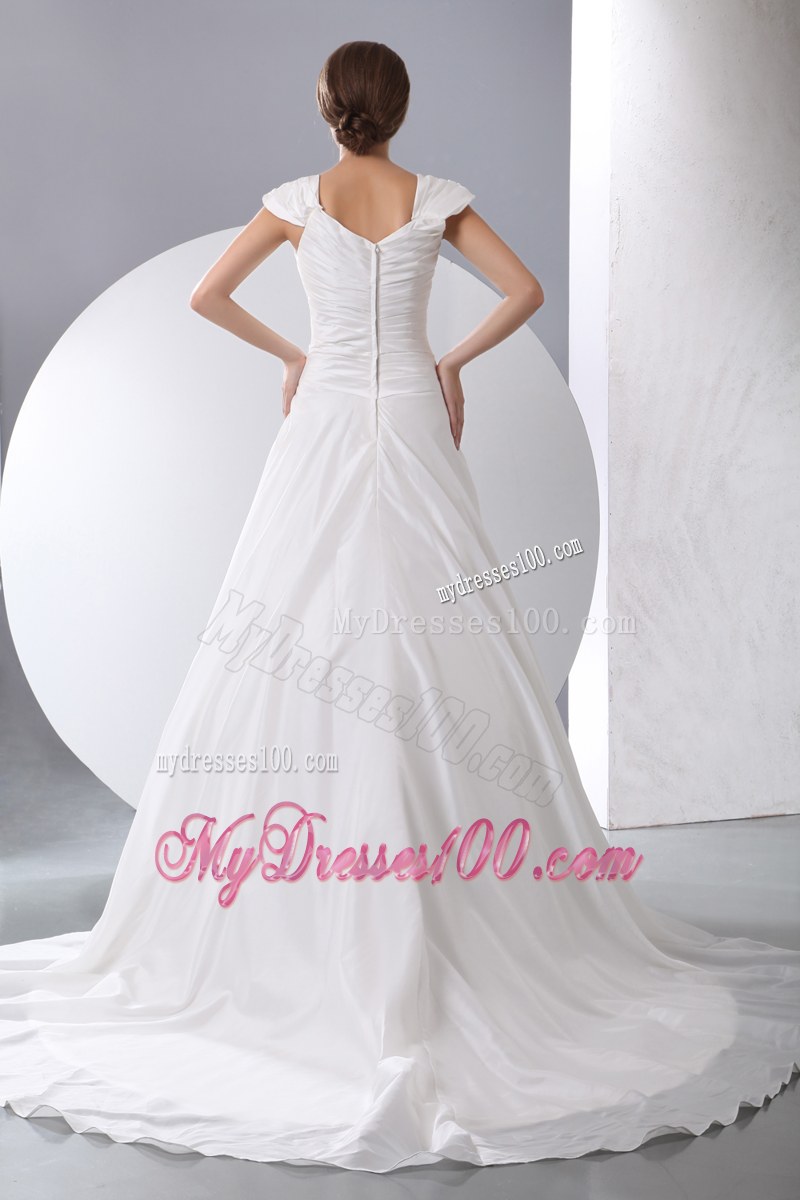 Zipper-up Back Wedding Gowns with Cap Sleeves and Court Train