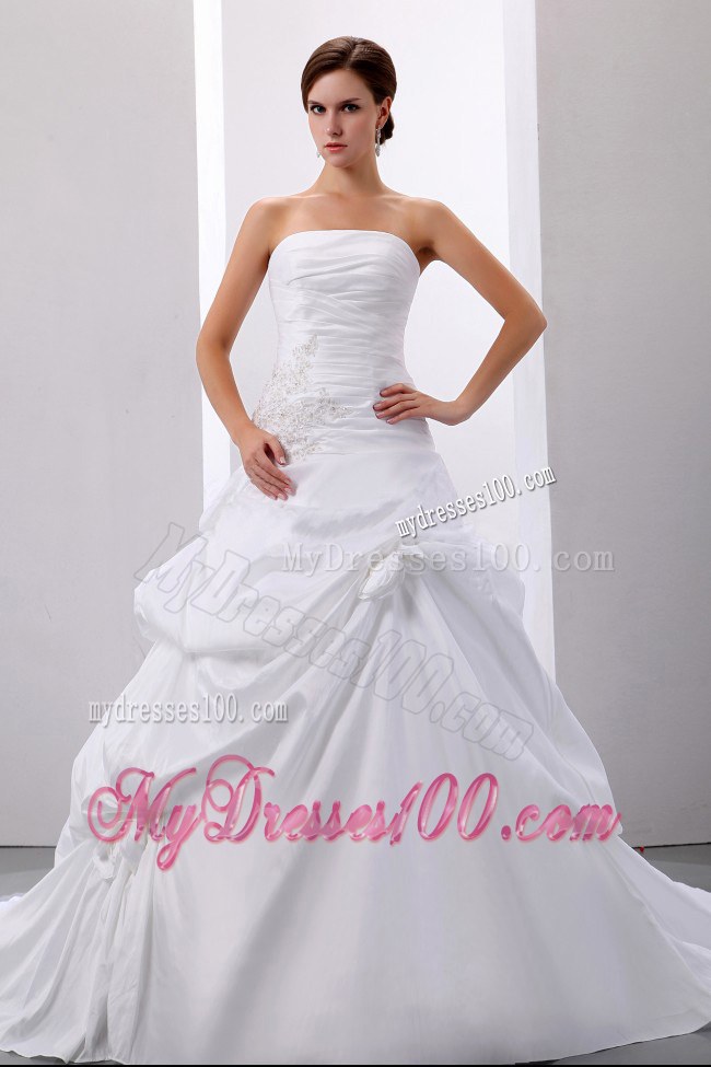 Puffy Strapless Pick-ups and Appliques Decorated Bridal Dress Dor Wedding