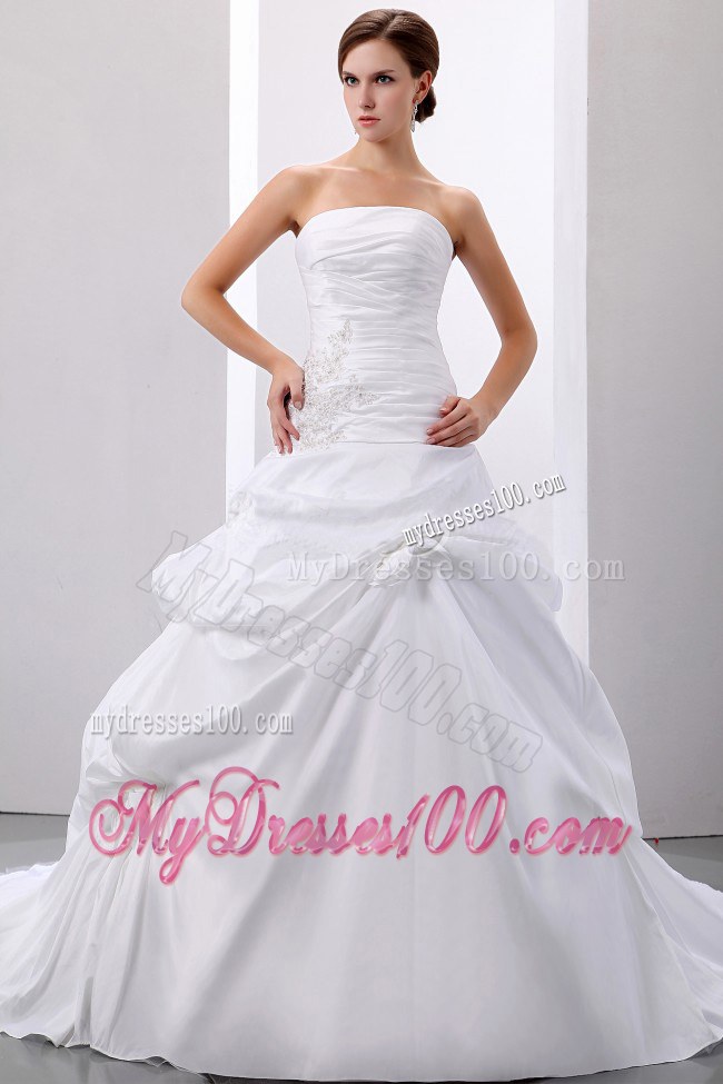 Puffy Strapless Pick-ups and Appliques Decorated Bridal Dress Dor Wedding
