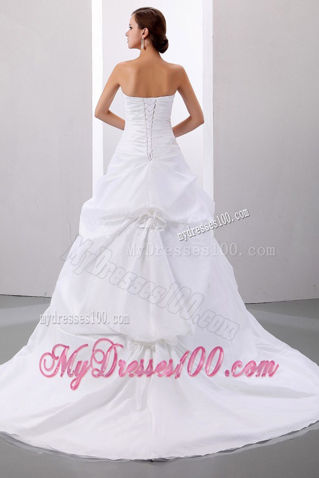 Puffy Strapless Pick-ups and Appliques Decorated Bridal Dress Dor Wedding