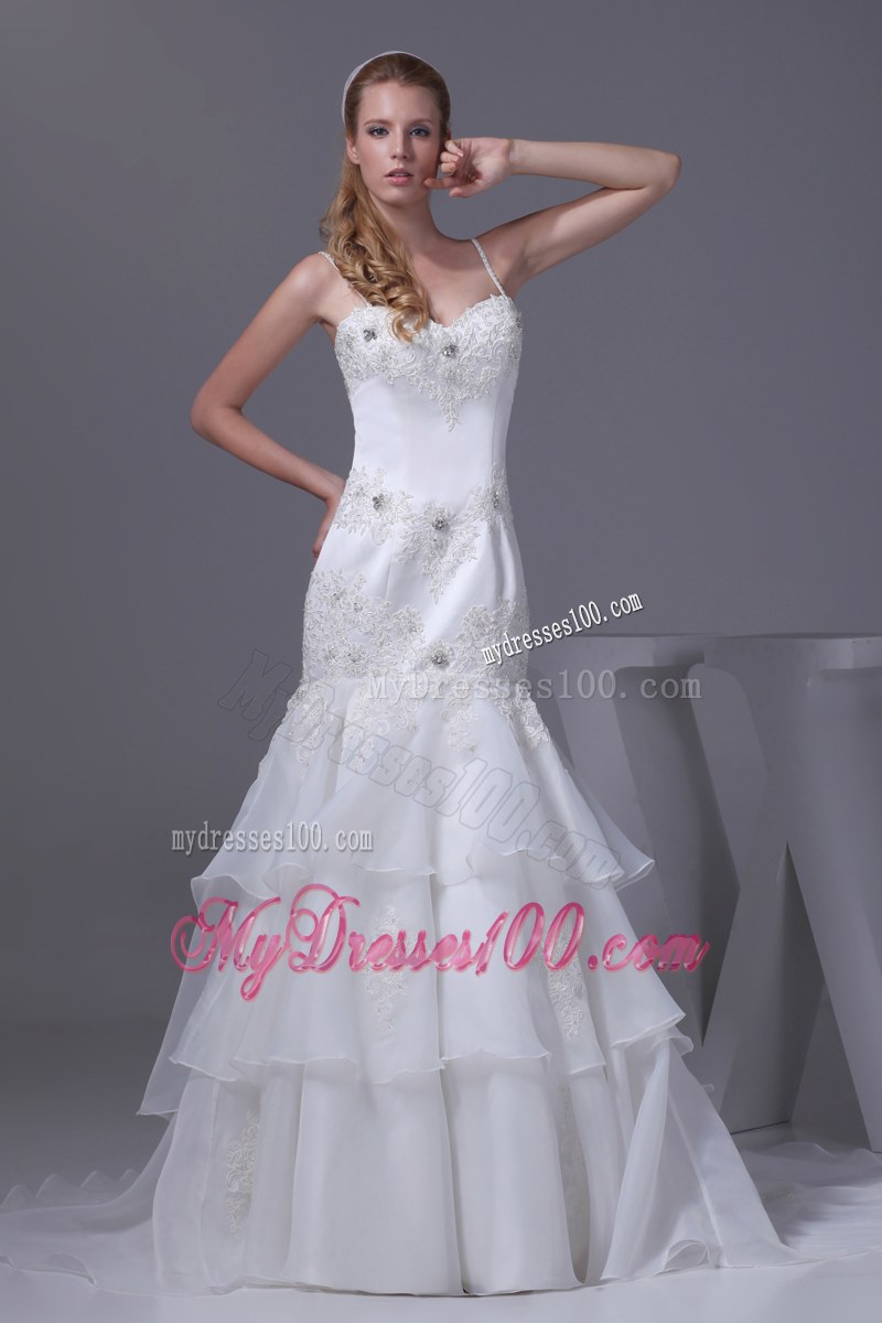 Spaghetti Straps Layers Trumpet Wedding Gown with Beaded Appliques