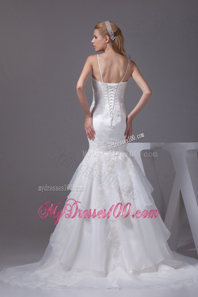 Spaghetti Straps Layers Trumpet Wedding Gown with Beaded Appliques