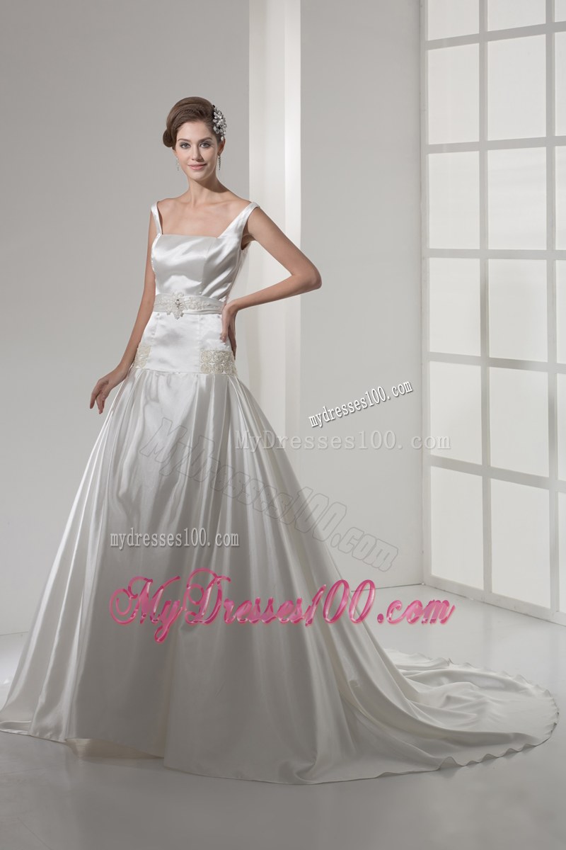 Straps Flowers Brush Train Bridal Dress with Beaded and Appliqued Sash