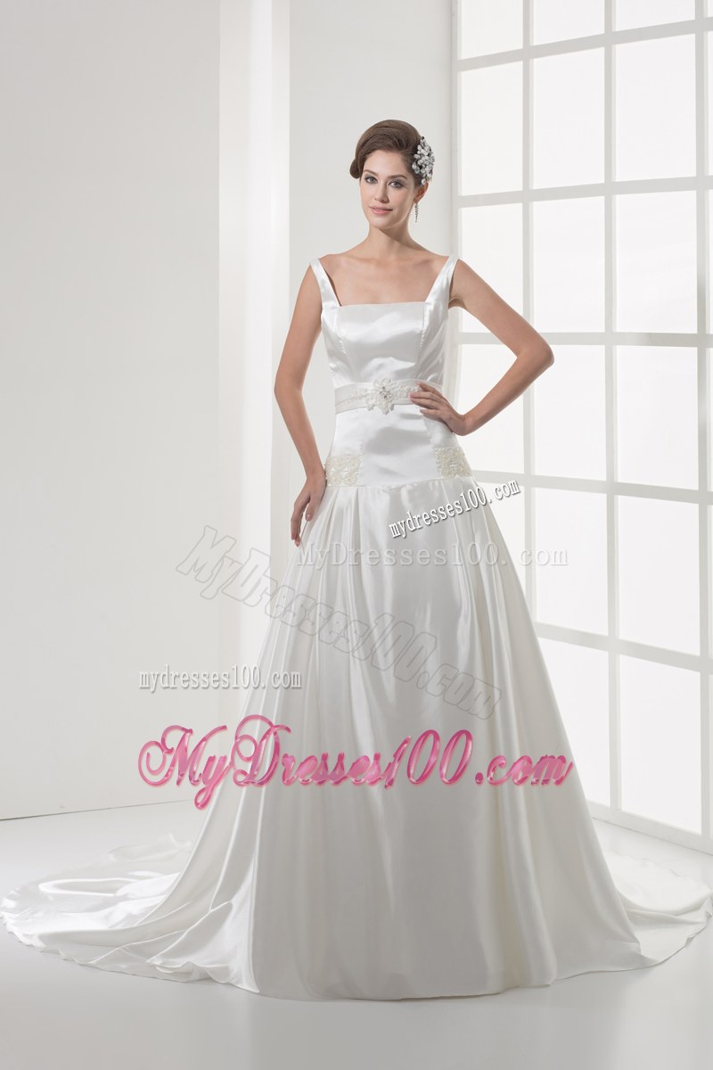 Straps Flowers Brush Train Bridal Dress with Beaded and Appliqued Sash