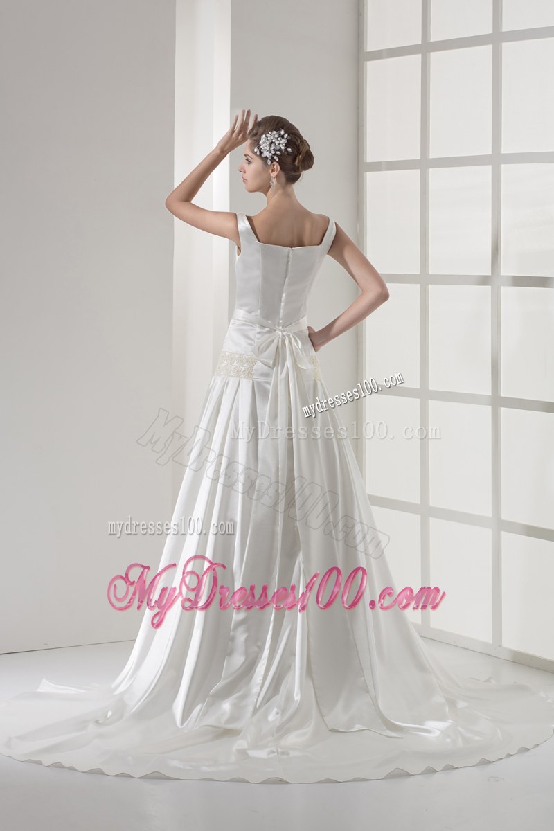Straps Flowers Brush Train Bridal Dress with Beaded and Appliqued Sash