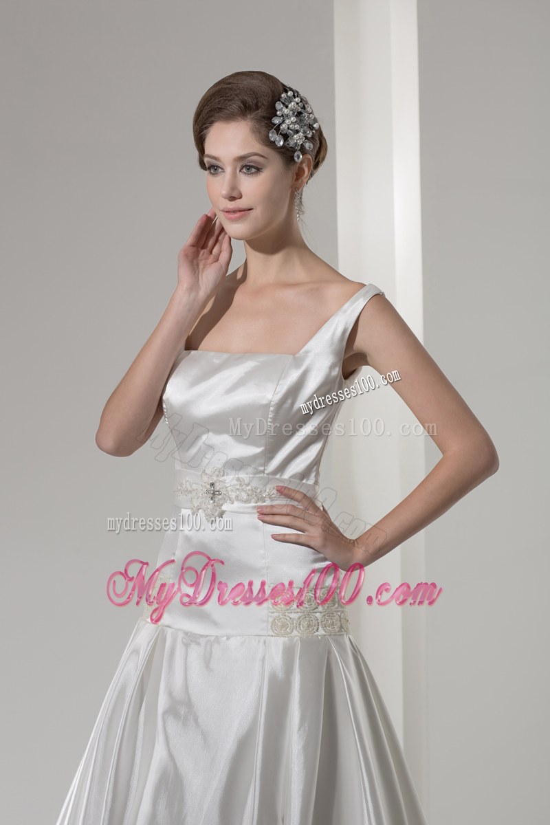 Straps Flowers Brush Train Bridal Dress with Beaded and Appliqued Sash