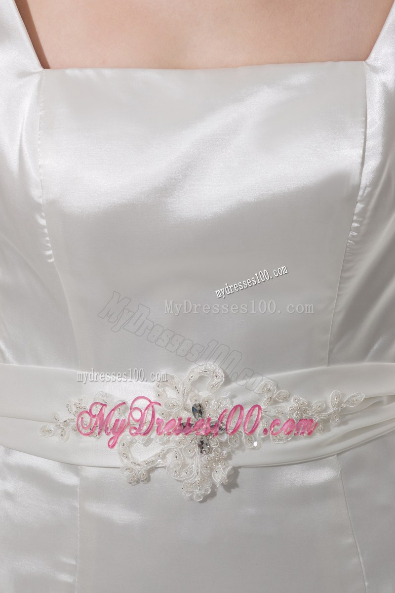 Straps Flowers Brush Train Bridal Dress with Beaded and Appliqued Sash