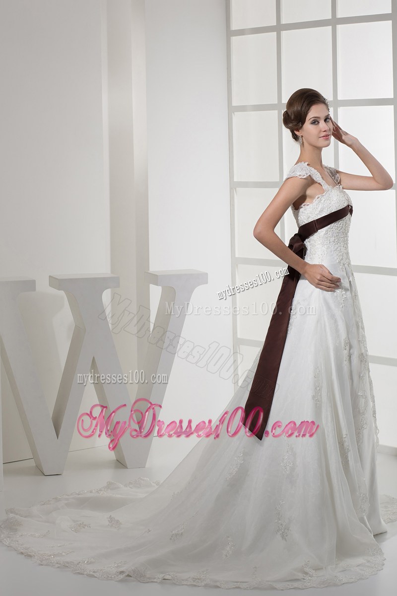 Wide Straps Lace Flowers Court Train Bridal Dress with Brown Bowknot Back