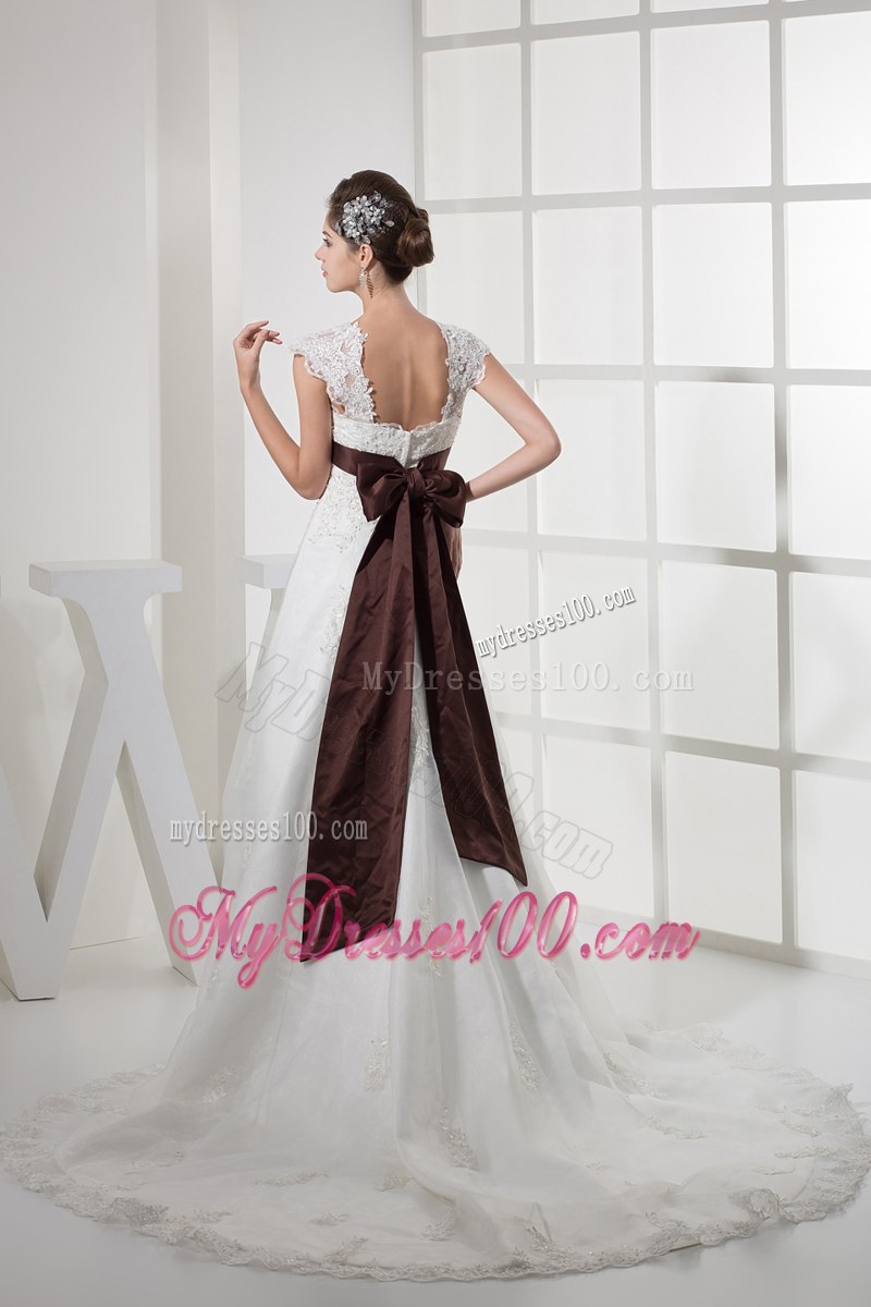 Wide Straps Lace Flowers Court Train Bridal Dress with Brown Bowknot Back