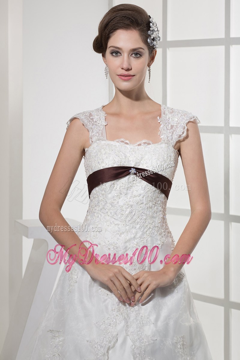 Wide Straps Lace Flowers Court Train Bridal Dress with Brown Bowknot Back