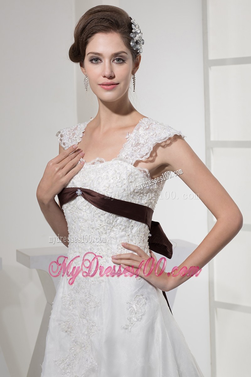 Wide Straps Lace Flowers Court Train Bridal Dress with Brown Bowknot Back