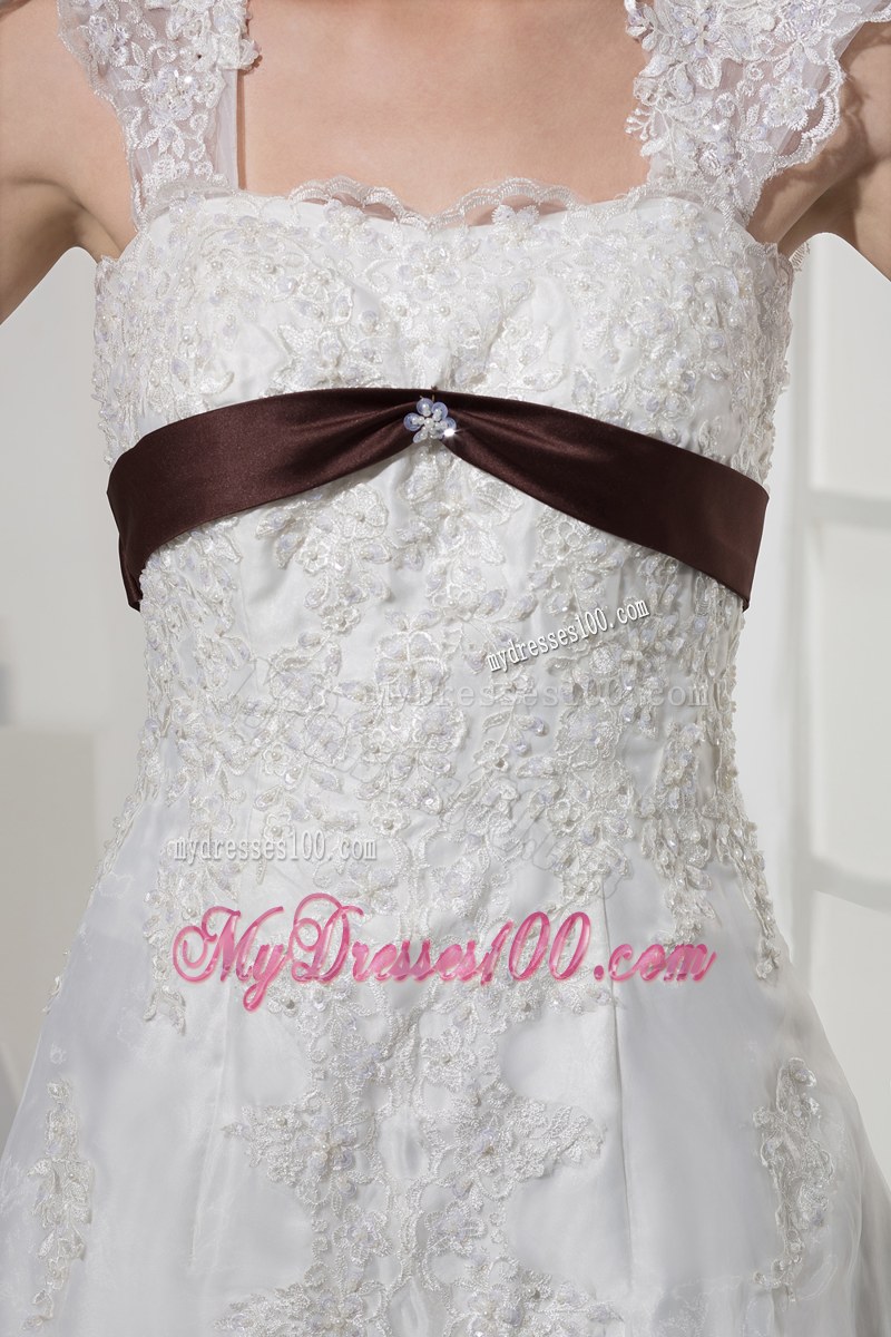 Wide Straps Lace Flowers Court Train Bridal Dress with Brown Bowknot Back